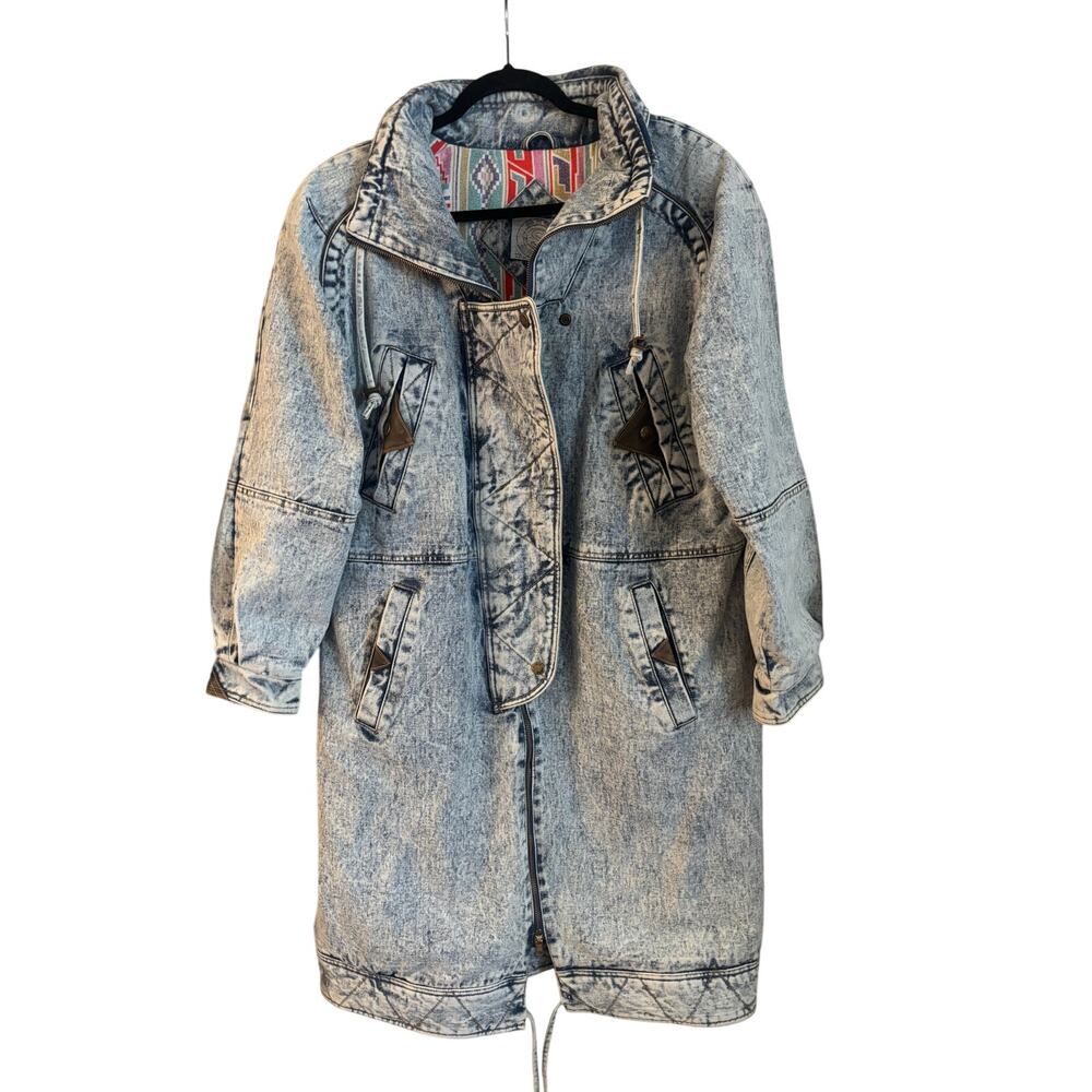 Vintage Current Seen Acid Wash Denim Coat Aztec Lined Oversized Zip Up Medium